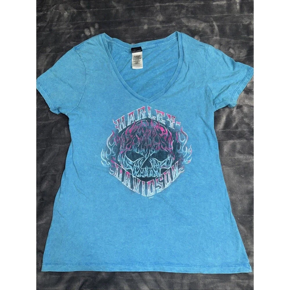 Electric City Harley Davidson Graphic T-Shirt - Large Blue Cotton